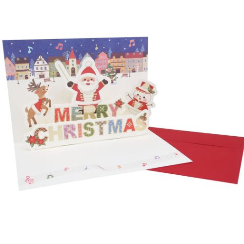 CHRISTMAS グリーティングカード クリスマスカード 立体 ポップアップカード サンタクロース 音楽隊 Xmasカード グッズ メール便可