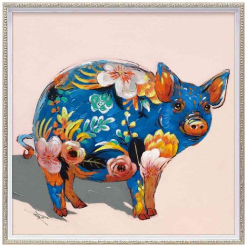 動物画 オイルペイントアート ペイント ピッグ Mサイズ ギフト 額付き インテリア 取寄品