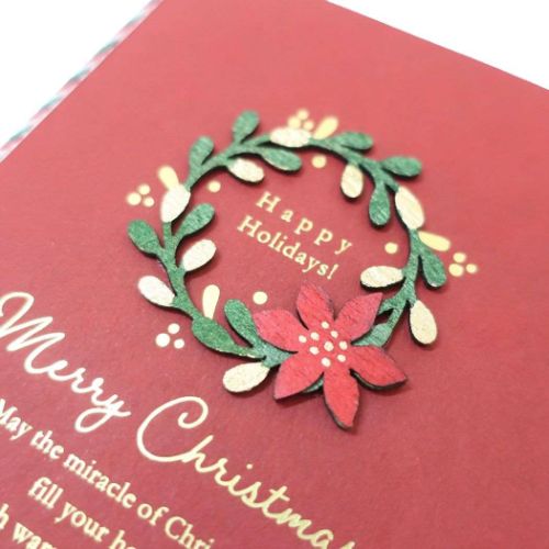 Handmade card クリスマスカード ウッドパーツカード リース Xmas グッズ メール便可