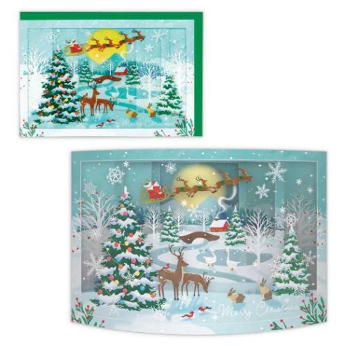 クリスマスカード 飾って楽しめるカード 立体カード カーブ月とサンタクロース メッセージカード グッズ メール便可