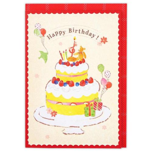 グリーティングカード 誕生お祝い オルゴール 赤枠バースデーケーキ2 メッセージカード グッズ メール便可