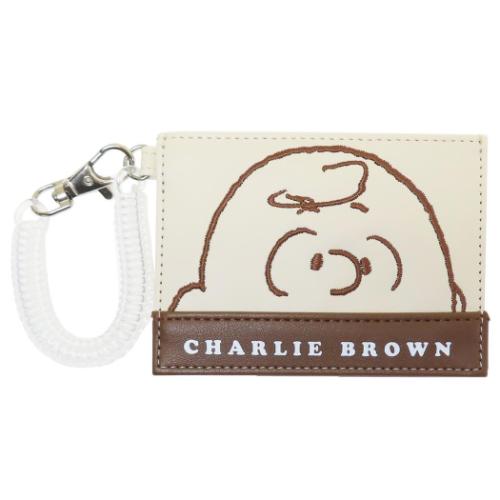 スヌーピー 定期入れ コイル付きシングルパスケース フェイスアップ刺繍 チャーリーブラウン ピーナッツ メール便可