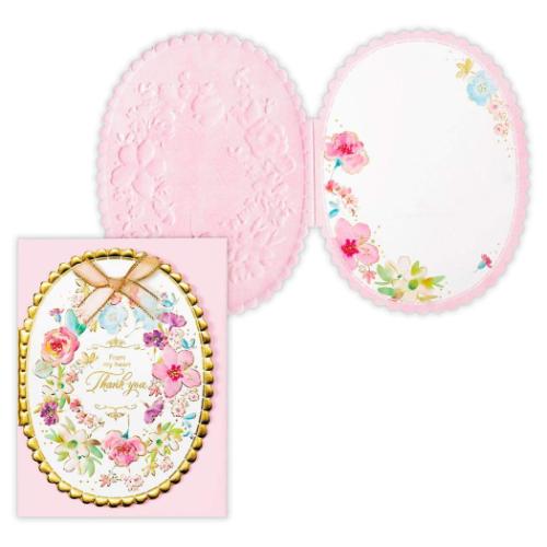 グリーティングカード ありがとう カット リボンピンクフラワー メッセージカード グッズ メール便可