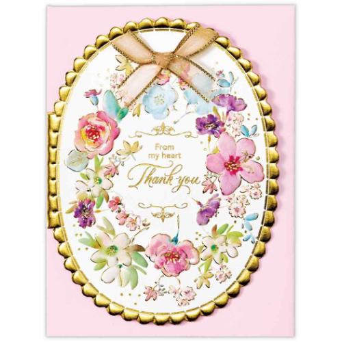 グリーティングカード ありがとう カット リボンピンクフラワー メッセージカード グッズ メール便可