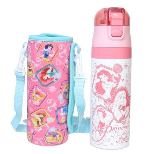 ディズニープリンセス 保冷水筒 ロック付きワンプッシュダイレクトステンレスボトル　ウェット生地ボトルカバー付き 470ml ディズニー