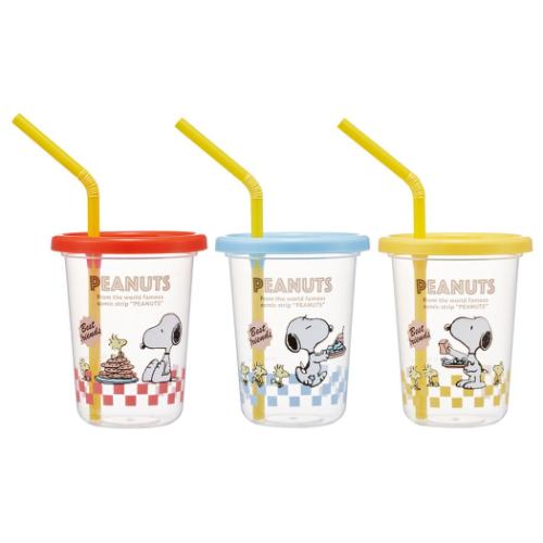 スヌーピー 蓋付きプラコップ ストロー付タンブラー 3個セット 230ml 80s カフェ ピーナッツ キャラクター グッズ