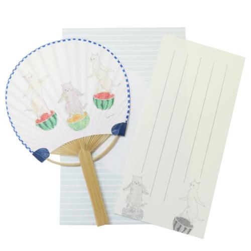 トコロコムギ グリーティングカード 竹うちわグリーティングカード 一筆箋付きサマーカード スイカ メッセージカード グッズ メール便可