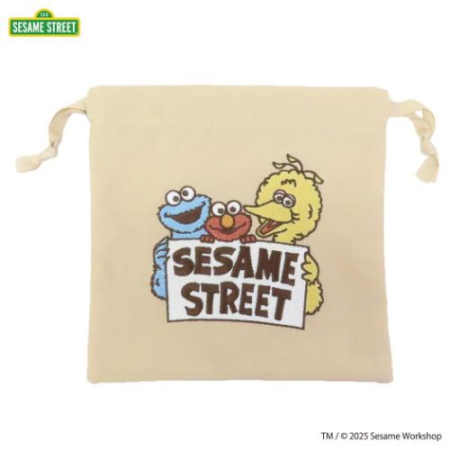 セサミストリート 巾着袋 巾着ポーチ SESAME STREET EMBROIDERY ベージュ キャラクター グッズ メール便可