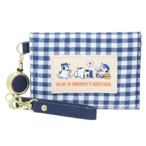 スヌーピー 定期入れ リール付き二つ折りパスケース オラフ ネイビーチェックシリーズ ピーナッツ キャラクター グッズ メール便可