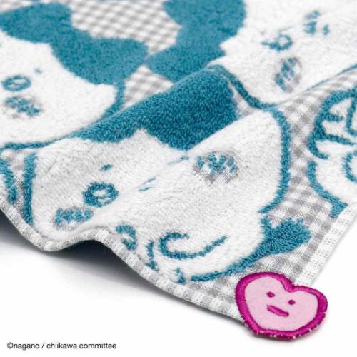 ちいかわ ミニタオル 無撚糸ガーゼパイルフルフィーコットンタオルハンカチ ちょこんとチェック ブルー ハチワレ メール便可