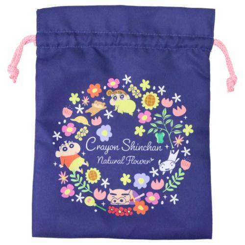 クレヨンしんちゃん 巾着袋 トラベル巾着 フラワー ネイビー アニメキャラクター グッズ メール便可