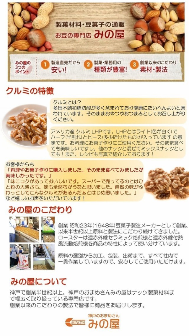 素焼きクルミ 2kg (1kg x2) アメリカ産 無添加 無塩 無植物油 送料無料 グルメ みのやの通販はau PAY マーケット -  神戸のおまめさん みの屋