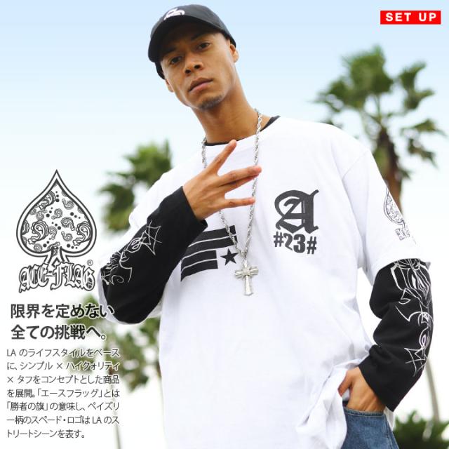 入手困難 エースフラッグ ACEFLAG 重ね着 セットアップ 袖ロゴ 50%OFF】ACE FLAG セットアップ 重ね着 半袖 Tシャツ 長袖 ロンT