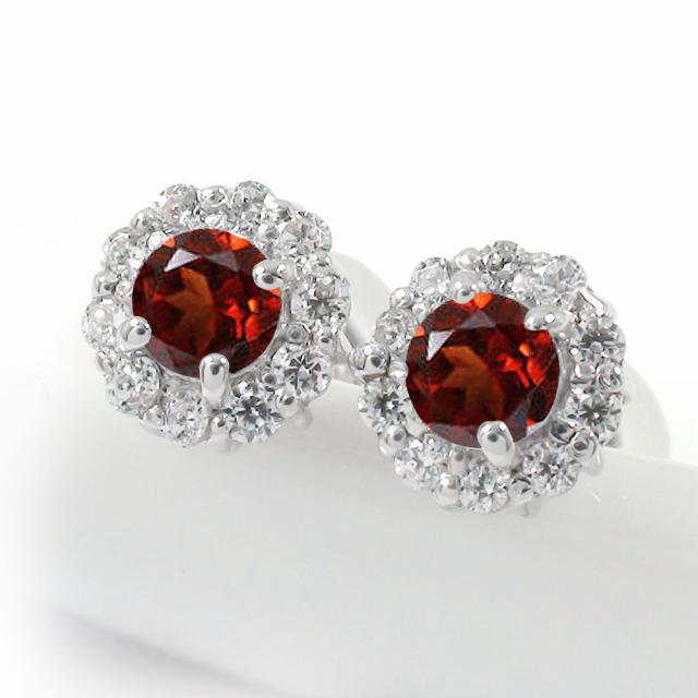 正規販売代理店 ピアス 花 取り巻き フラワーモチーフ ガーネット ピアス ダイヤモンド プラチナ 誕生石 スタッド シリコンキャッチ付き レディース 海外最新 Jeysport Com