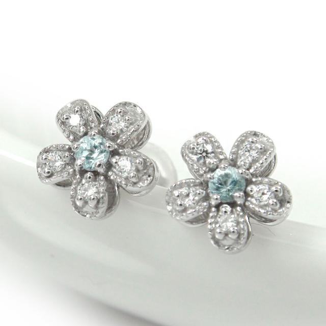 珍しい ピアス プラチナ アクアマリン ピアス ダイヤモンド 花 フラワーモチーフ 誕生石 スタッド シリコンキャッチ付き レディース 送料無料 限定価格セール Olsonesq Com