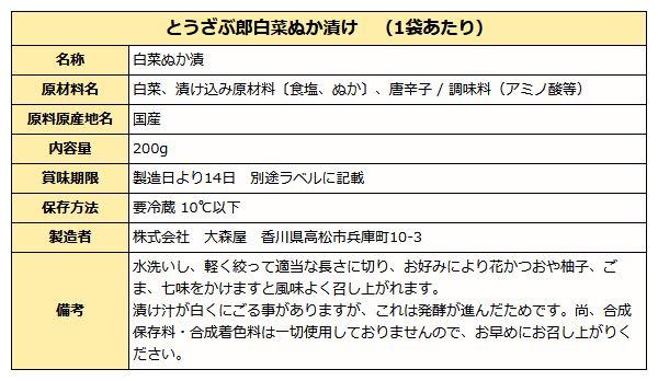 とうざぶ郎 白菜ぬか漬け成分表