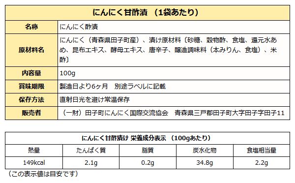 青森にんにく甘酢漬け成分表