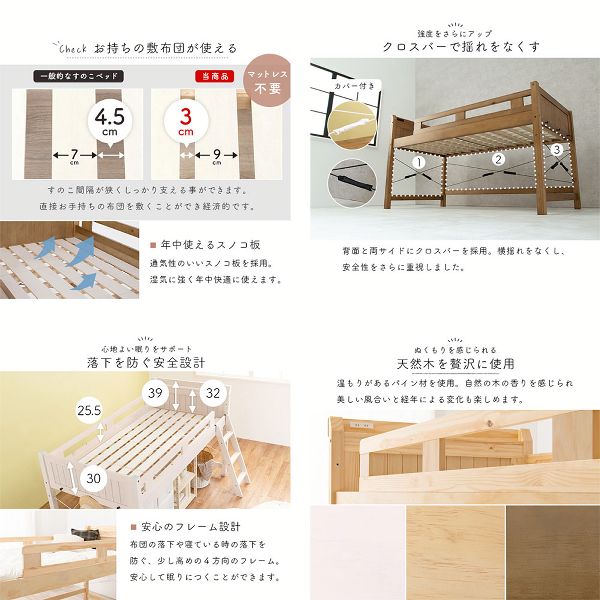 ロフトベッドベッド頑丈木製収納すのこベッドハシゴコンセント付き棚付きスペースロフトベッド 