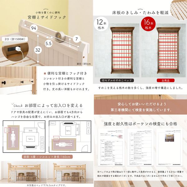 ロフトベッドベッド頑丈木製収納すのこベッドハシゴコンセント付き棚付きスペースロフトベッド 