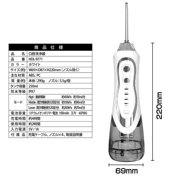 口腔洗浄機IPX7歯間洗浄ノズル歯周ポケット洗浄口腔ケアジェットウォッシャーウォーターフロス歯間歯周ポケット口臭予防口腔洗浄器ホワイト 