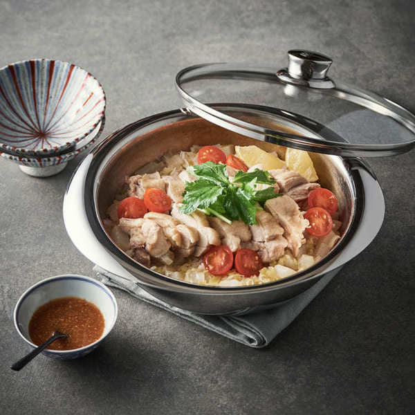 マイヤーコーティングフリー多層鋼スタイリッシュマルチに活躍優れた蓄熱性オーブン使用可能IH対応土鍋としてもスタッキング可能マイヤーニューパン24cmガラス蓋付