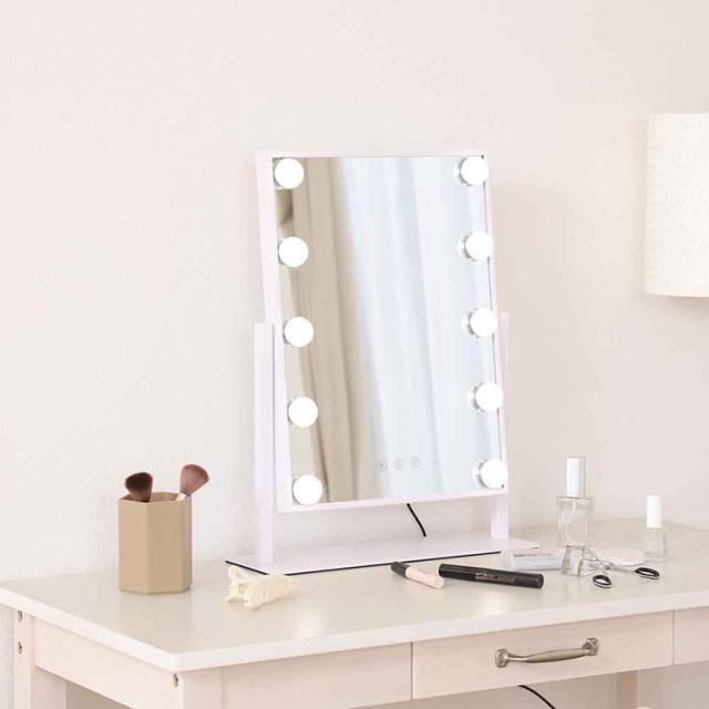 女優ミラーLEDライト卓上電球付きホワイト角度調節明るさ調整可能おしゃれ化粧鏡メイクミラープレミアムLEDミラーyumekaホワイト 