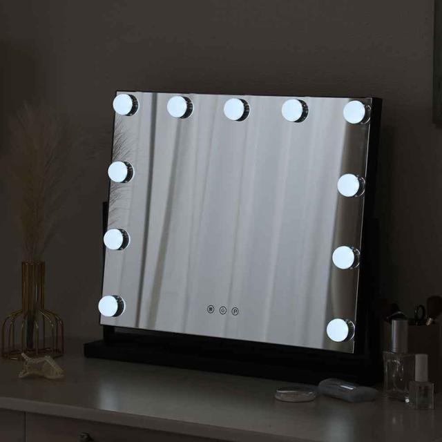 女優ミラーLEDライト卓上電球付きブラック角度調節明るさ調整可能おしゃれ化粧鏡メイクミラープレミアムLEDミラーyumekaブラック 