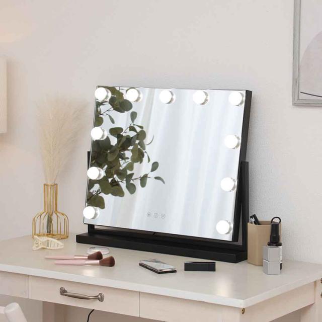 女優ミラーLEDライト卓上電球付きブラック角度調節明るさ調整可能おしゃれ化粧鏡メイクミラープレミアムLEDミラーyumekaブラック 