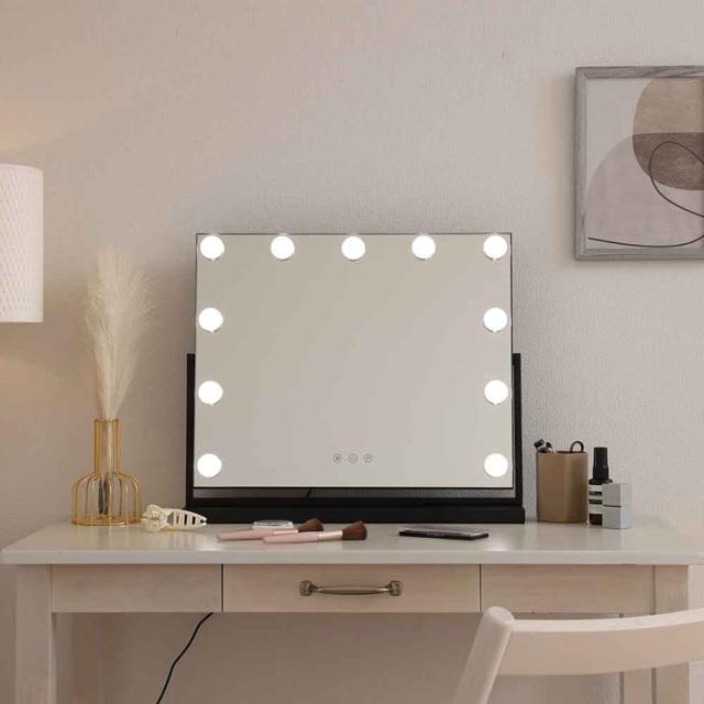 女優ミラーLEDライト卓上電球付きブラック角度調節明るさ調整可能おしゃれ化粧鏡メイクミラープレミアムLEDミラーyumekaブラック 