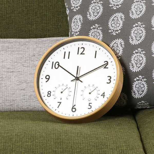時計掛け時計静音温湿度計付きシンプルインテリア電池式ナチュラルブラウン見やすい掛時計温湿度計付ミエル直径25cm