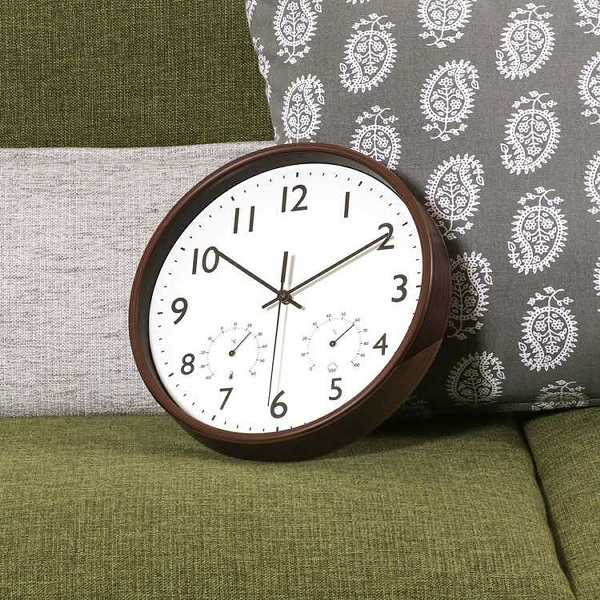 時計掛け時計静音温湿度計付きシンプルインテリア電池式ナチュラルブラウン見やすい掛時計温湿度計付ミエル直径25cm