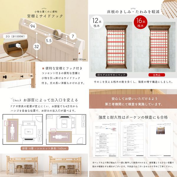 ロフトベッドベッド頑丈木製収納すのこベッドハシゴコンセント付き棚付きスペースロフトベッド 