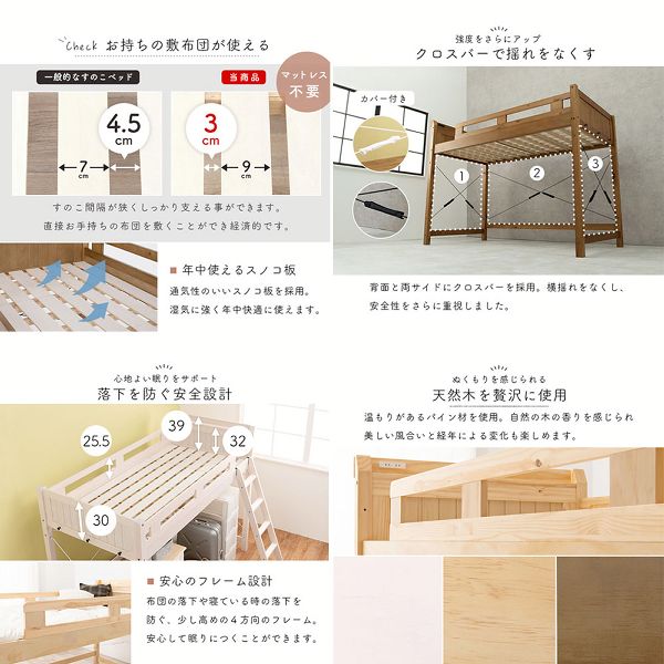 ロフトベッドベッド頑丈木製収納すのこベッドハシゴコンセント付き棚付きスペースロフトベッド 