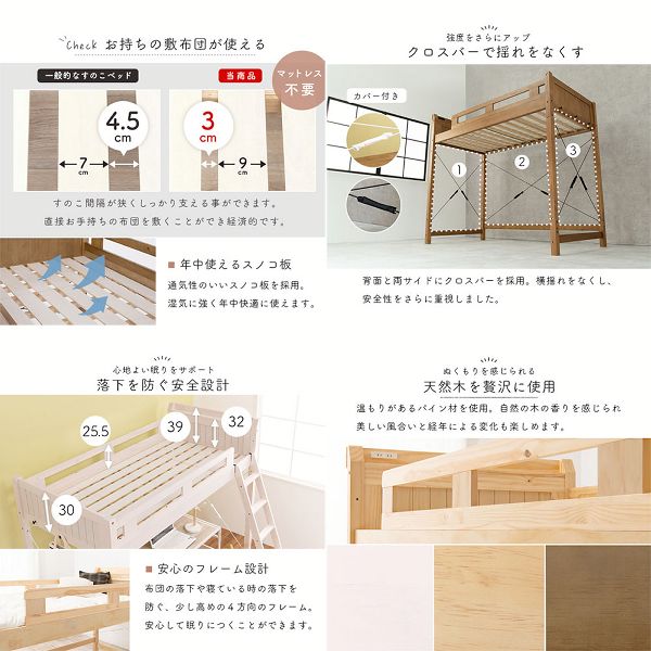 ロフトベッドベッド頑丈木製収納すのこベッドハシゴコンセント付き棚付きスペースロフトベッド 