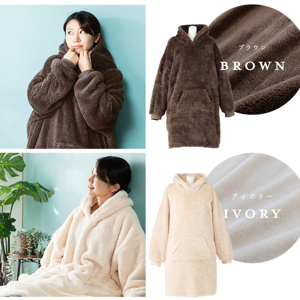 ルームウェアマイクロファイバーミンクファープルオーバー保温女性用節電洗濯可静電気防止パーカーフード付きポケットかわいいレディースフリースマイクロミンクファー・プルオーバー100cm丈 