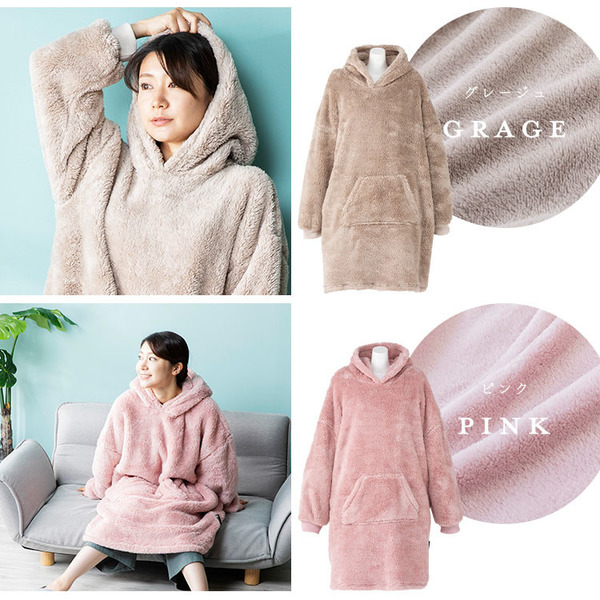 ルームウェアマイクロファイバーミンクファープルオーバー保温女性用節電洗濯可静電気防止パーカーフード付きポケットかわいいレディースフリースマイクロミンクファー・プルオーバー100cm丈 