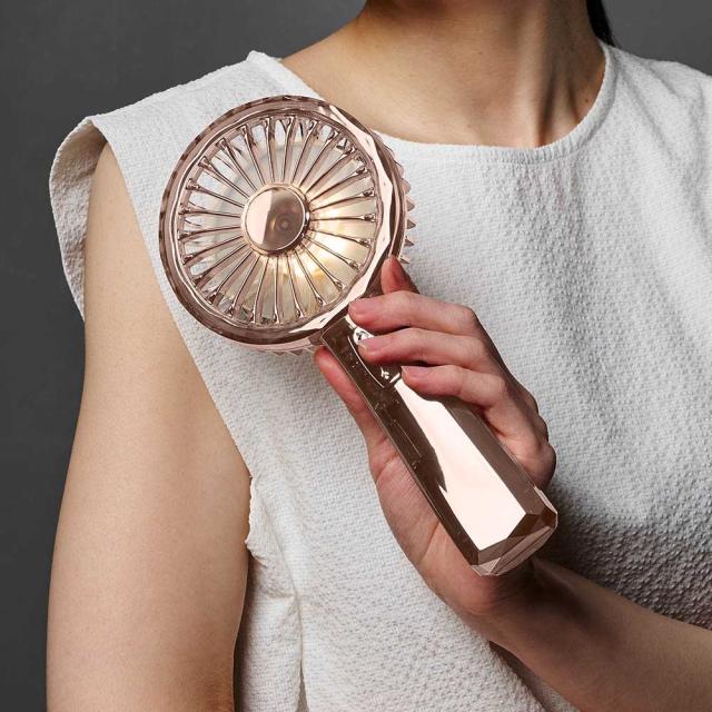 ハンディファンレトロクリスタルハーフミラーライトモード充電式充電長持ち大風量デザイン家電キラキラリュミエールwithToffyLEDハンディファンラドンナ 