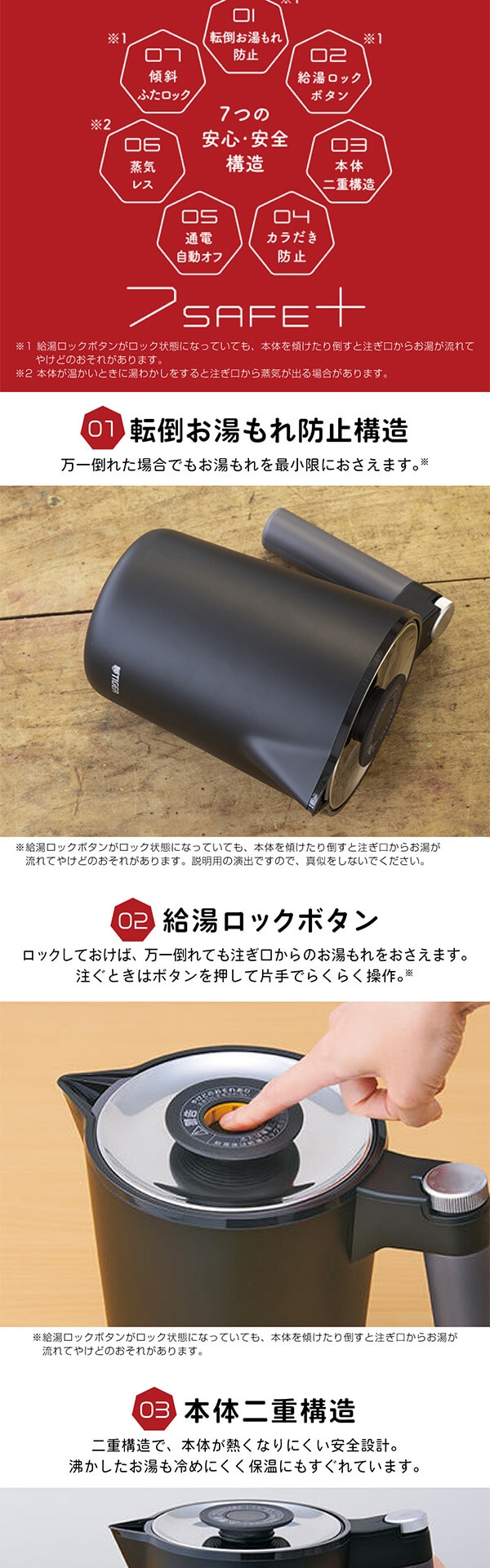 【新品】Tiger 電気ケトル PTQ-A100 オニキスブラック 蒸気レス電気ケトル＜7SAFE＋＞（温度調節機能つき） PTQ-A100