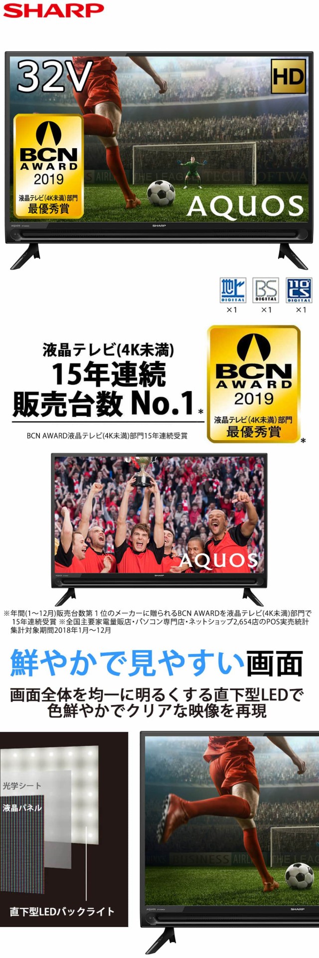 【12/23ポイントUP】32V型 液晶テレビ SHARP 2T-C32AC2 AQUOS 地上・BS・CSデジタルハイビジョン液晶テレビ アクオス  2画面 ファミリンク対応｜au PAY マーケット