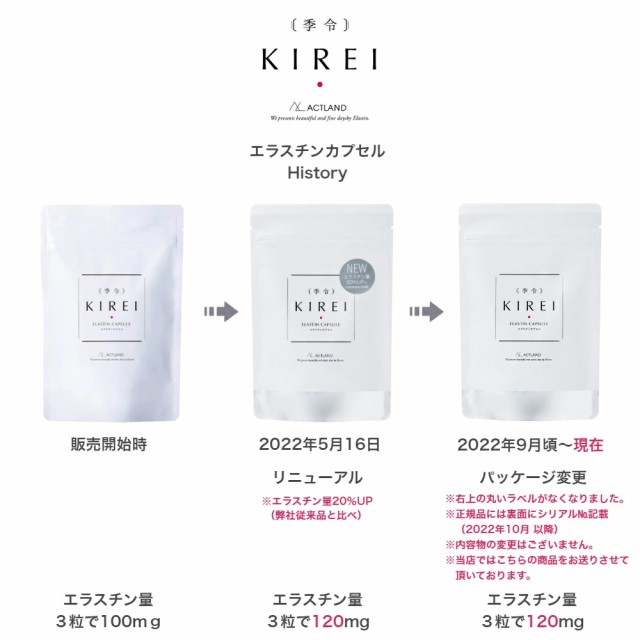 季令（ KIREI ） エラスチンカプセル 100粒 高純度エラスチン サプリメント 100％天然由来 美肌3大成分 コラーゲン エラスチン  ヒアルロン酸 エイジングケア スキンケア キレイ 無着色 カラメル色素・賦形剤・合成保存料・香料不使用 ACTLANDの通販はau PAY マーケット  ...