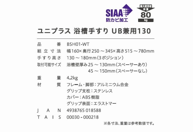 ユニプラス 浴槽手すり UB兼用130 BSH01の仕様