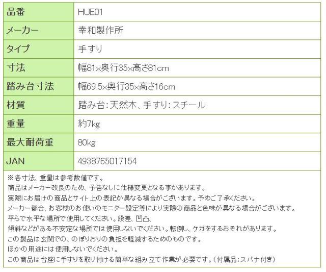 テイコブ玄関用ステップ（手すり付） HUE01の寸法リスト表