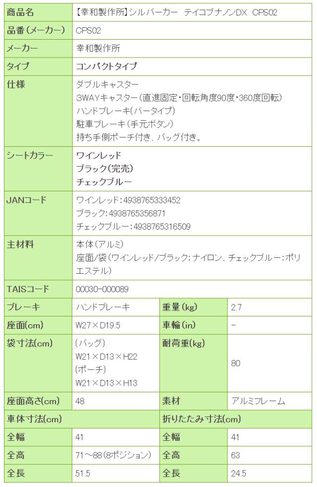 シルバーカー テイコブナノンDX CPS02の寸法リスト表