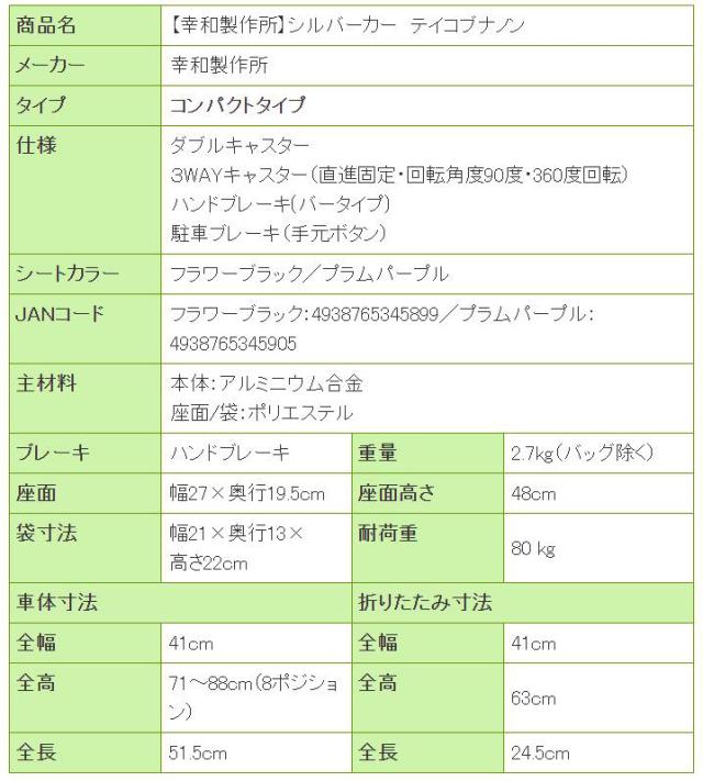 シルバーカー テイコブナノン CPS03の寸法リスト表