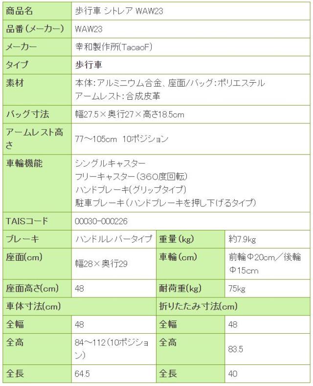 歩行車　シトレア WAW23の寸法リスト表