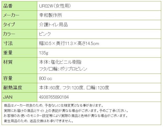 テイコブ透明尿器（女性用） UR02Wの寸法リスト表