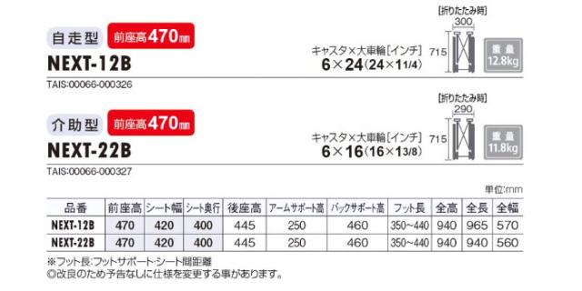ネクストコア-グラン アルミ製自走式車椅子NEXT-12Bの車椅子各部寸法