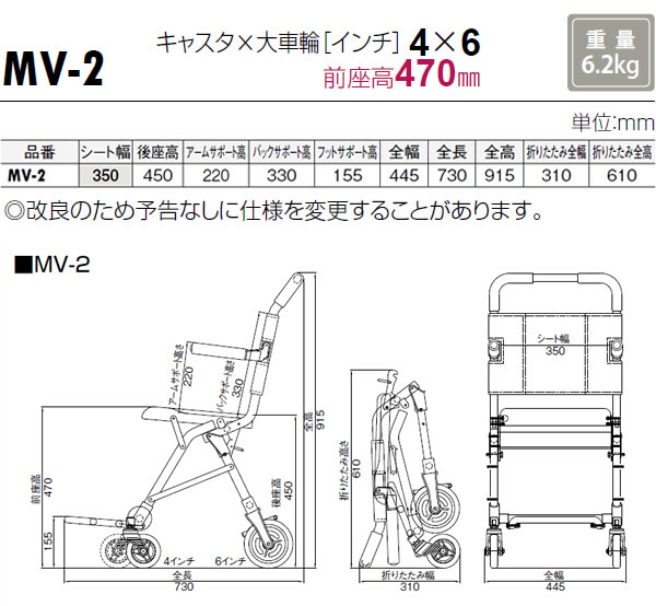 コンパクトカー基本タイプMV-2の車椅子各部寸法