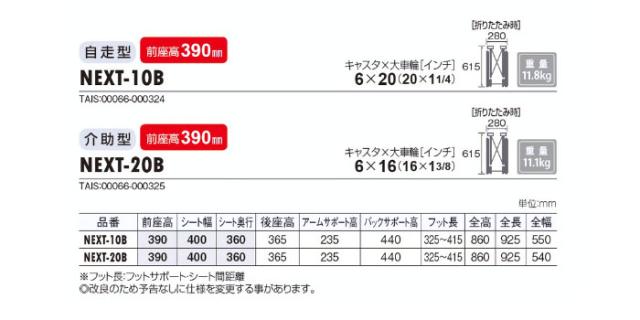 ネクストコア-プチ アルミ製介助式車椅子NEXT-20Bの車椅子各部寸法