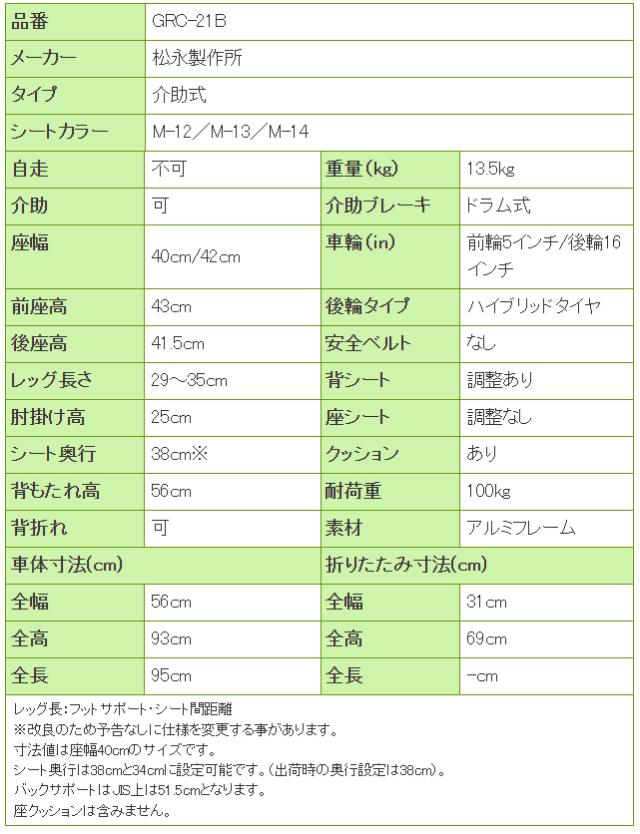 グレイスコアシリーズ　アルミ製介助式車椅子GRC-21Bの寸法リスト表